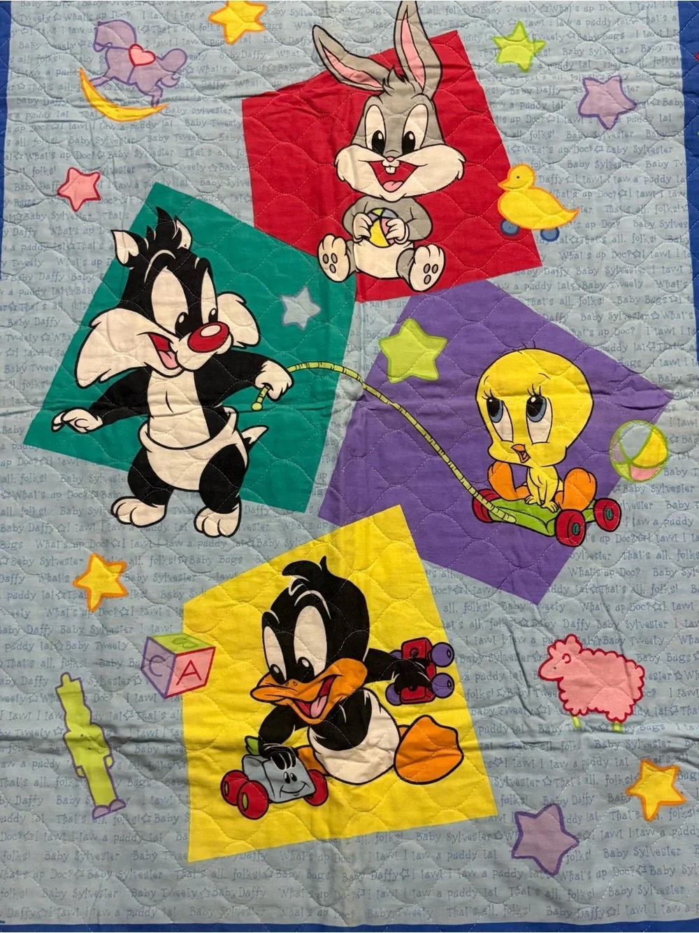 Vintage 90s Baby Looney Tunes Quilt Tweety Sylvester Bugs Daffy Blanket Crib